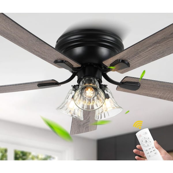 Aesthet 52 in. Indoor Matte Black Farmhouse Rustic Ceiling Fan with Glass Light Fixture, 5 Blades, 6-Speed DC Motor