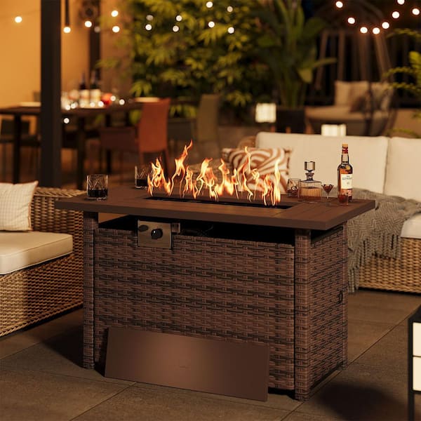 44 in. Wicker Rectangular Propane Gas Fire Pit Table with Wood grain tabletop And Waterproof Cover