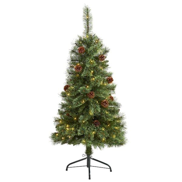 Nearly Natural 4 Ft Pre Lit White Mountain Pine Artificial Christmas Tree With 100 Clear Led Lights And Pine Cones T1639 The Home Depot