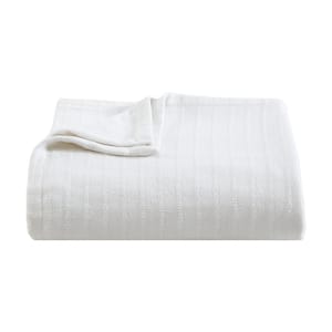 All Over Rib 1-Piece White Plain Weave Cotton Full/Queen Blanket