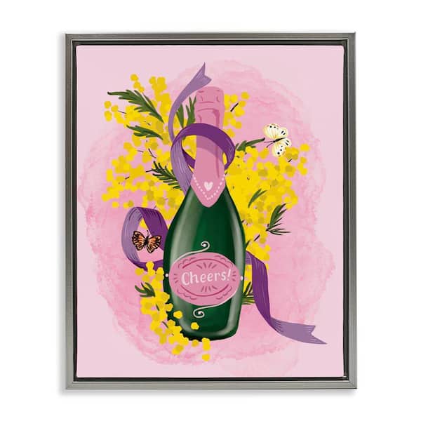 Stupell Industries Floral Champagne Bottle by Be Ni La Gray Floater Frame Food Graphic Art Print 21 in. x 17 in.