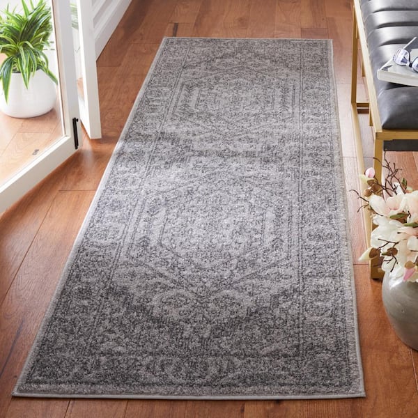 Adirondack Light Gray/Dark Gray 3 ft. x 12 ft. Border Medallion Runner Rug