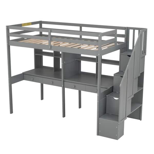 Nestfair Gray Twin Size Loft Bed with Storage Staircase, Double Desks and Shelves