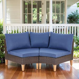 Chic Relax Brown 2-Piece Wicker Patio Corner Couch Outdoor Sectional Sofa with Blue Cushions