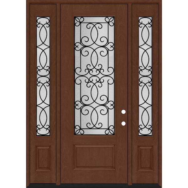 Regency 64 in. x 96 in. 3/4Lite Georgian Decorative Glass LHIS Chstnt Mahogny Fiberglass Prehung Front Door w/Dbl12in.SL
