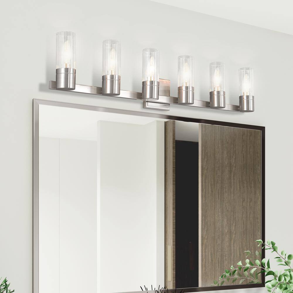 Midtown Brushed Nickel 6-Light Vanity with Clear Fluted Glass