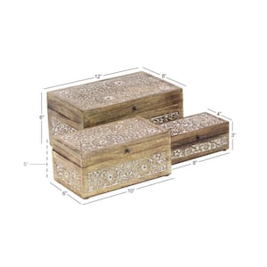 Rectangle Mango Wood Floral Box with Hinged Lid (Set of 3)