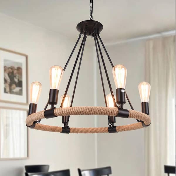 Y'INSP 6-Light Black Modern Farmhouse Mid-century Hemp Rope Wagon Wheel Chandelier with No Bulbs Included