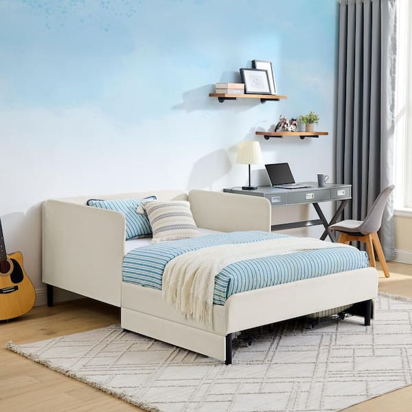 Beige Full Size Soft Velvet Upholstered Daybed with Reversible Backrest and 2 Storage Drawers