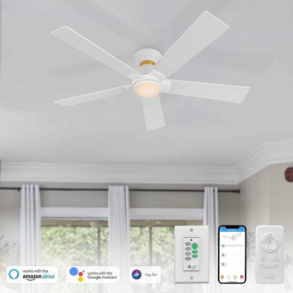 52 in. Smart Indoor/Outdoor White Flush Mount LED Standard Ceiling Fan with Remote Control, Wall Control and DC Motor