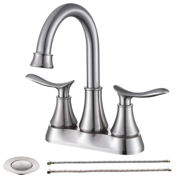 UPIKER Modern 4 in. Centerset Double-Handle High Arc Bathroom Faucet with Drain Kit Included in Brushed Nickel