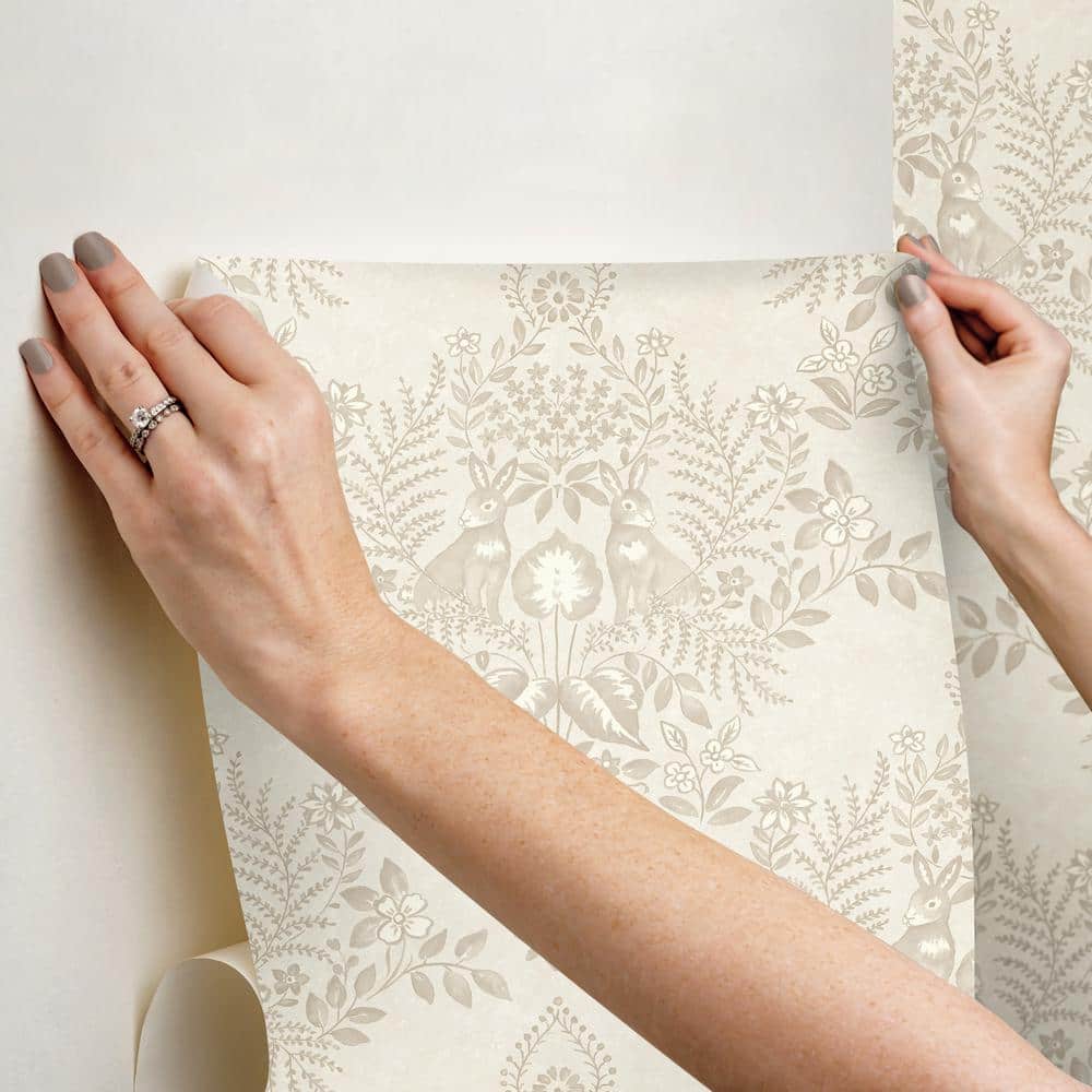 Wicker Beige Damask Peel & Stick Wallpaper with Rabbit Design