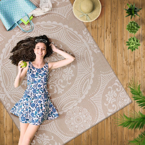 Beige 9 ft. x 12 ft. Waikiki Medallion Modern Indoor Outdoor Area Rug