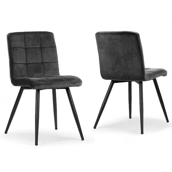 Glamour Home Set of 2 Anika Black Velvet Dining Chair with Stitching and Black Metal Legs