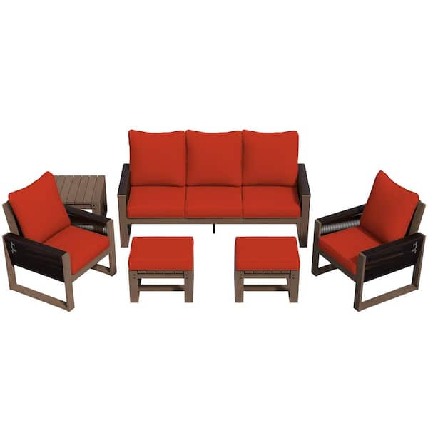 6-Piece Wood Outdoor Patio Conversation Set with Red Cushion