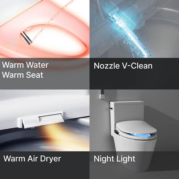 V-Clean Electric Bidet Seat for Elongated Toilets with Tankless, Stainless Nozzle, Night Light, Soft Close in White