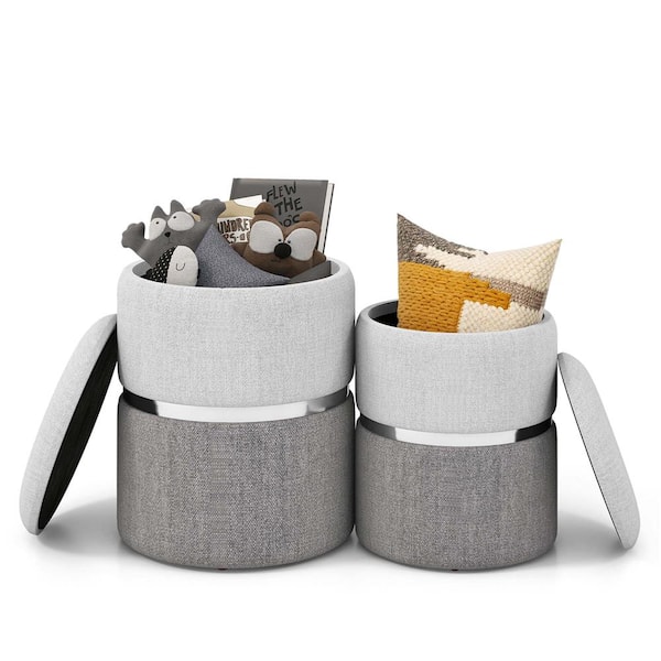 Costway Beige and Grey Linen Fabric Round Storage Small Ottoman