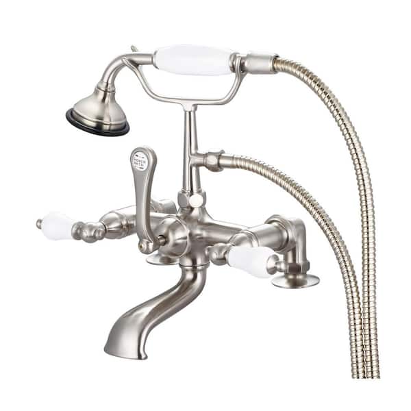 Water Creation 3-Handle Vintage Claw Foot Tub Faucet with Hand Shower and Porcelain Lever Handles in Brushed Nickel