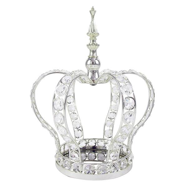 Silver Table Decor Decorative Crown Crystal Bead Metal Accent Piece with Straight Stand 17 in.