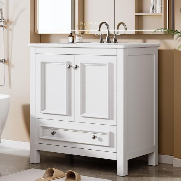 30 in. Single Sink Freestanding White Bath Vanity with White Cultured Marble Top (Easy Assembly)