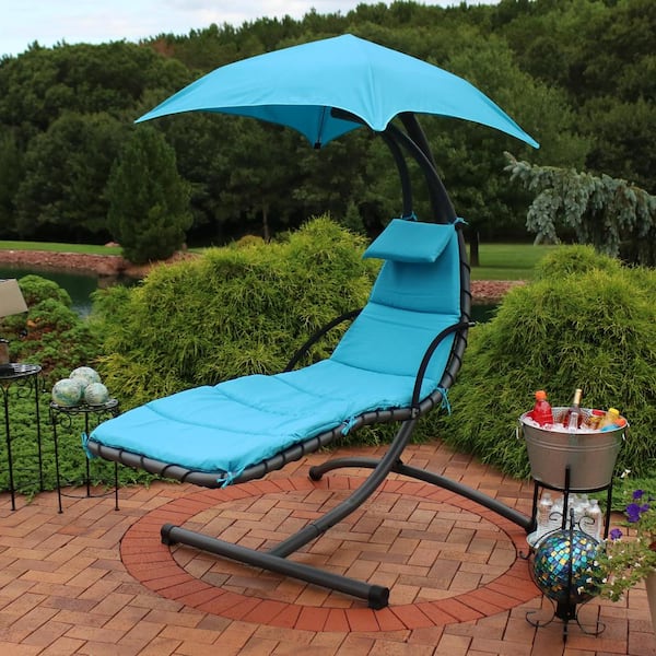Steel Outdoor Floating Chaise Lounge Chair with Polyester Teal Cushions and Canopy