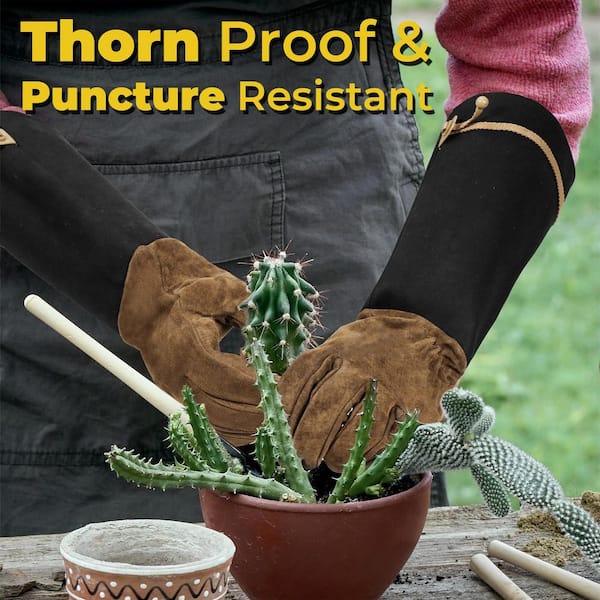 Misopily Pigskin Leather Thorn Proof Gardening Gloves, Breathable Pruning Gauntlet, Forearm Protection, Brown, M