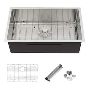 Brushed Nickel Stainless Steel 32 in. L Single Bowl Undermount 16 Gauge Kitchen Sink With Bottom Grid