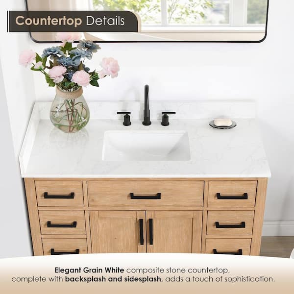 Gavino 48 in. W x 22 in. D x 34 in. H Bath Vanity in White with Grain White Composite Stone Top