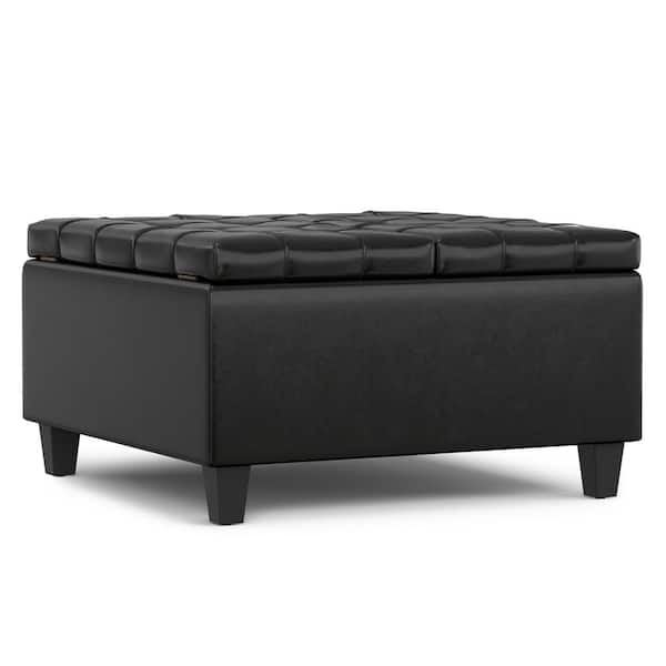 Simpli Home Harrison 30 in. Square Small Coffee Table Storage Ottoman in Midnight Black Vegan Faux Leather, Assembled