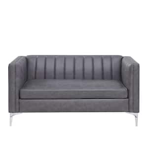 Channel Tufted Couch 55 in. Gray Faux Leather Loveseat for Living Room Office with Metal Leg