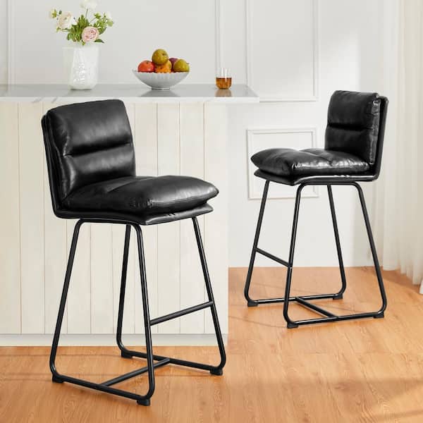 Glitzhome 30.75 in. H Seat Modern Black Metal Thick Leatherette Bar Stool with Metal Legs (Set of 2）