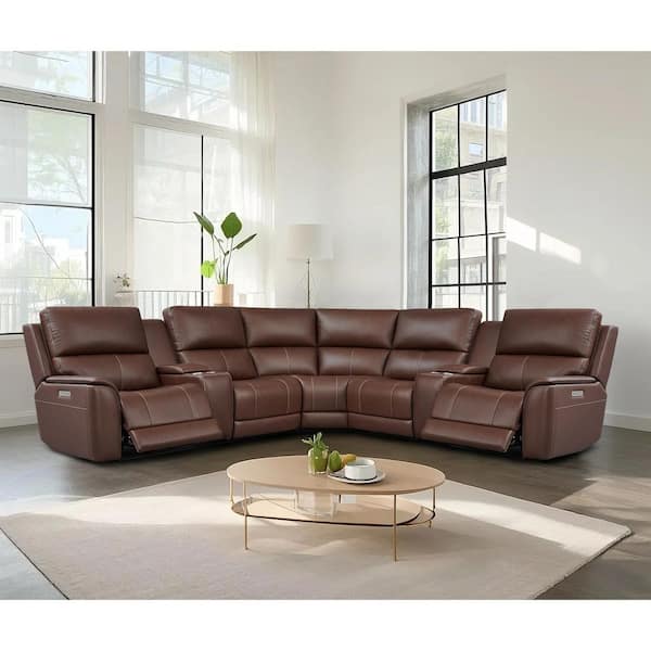 136 in. Double Width Genuine Leather Power Reclining Sectional Sofa with Zero Gravity, Center Console in. Dark Brown