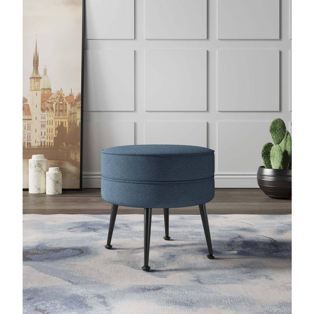 Bailey Blue Round Upholstered Ottoman with Black Stainless Steel Legs