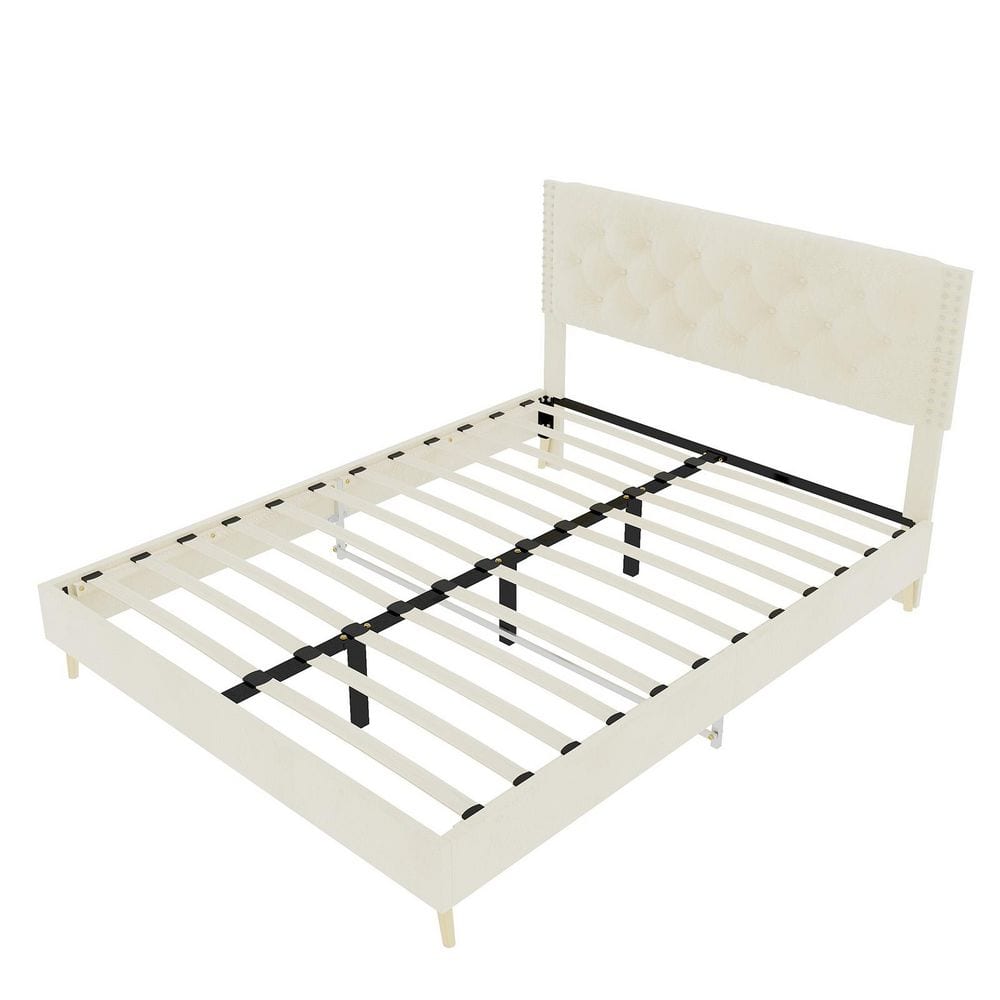 Beige Velvet Upholstered Wood Bed Frame Full Size Platform Bed with Poplar Wood Construction price history on PriceWatchPro