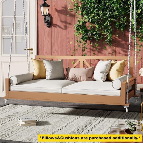 Twin Size Swing Bed 2-Person Natural Acacia Wood Porch Swing Hanging Bed Frame with Ropes for Backyard