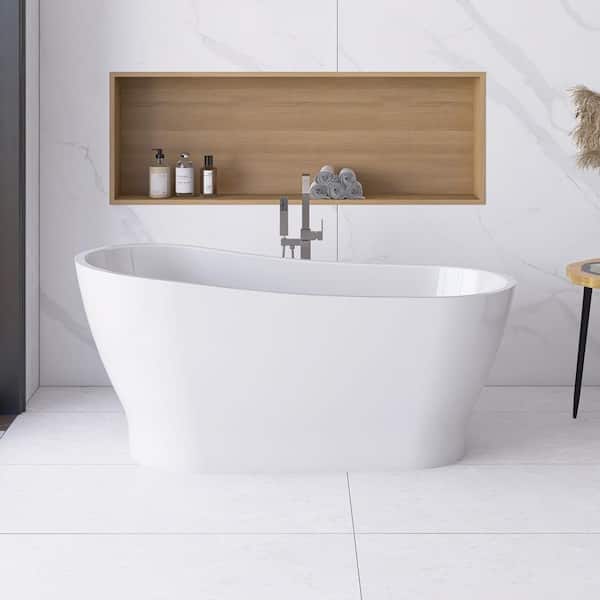 Staykiwi 59 in. x 28 in. Acrylic Freestanding Soaking Bathtub in Glossy White