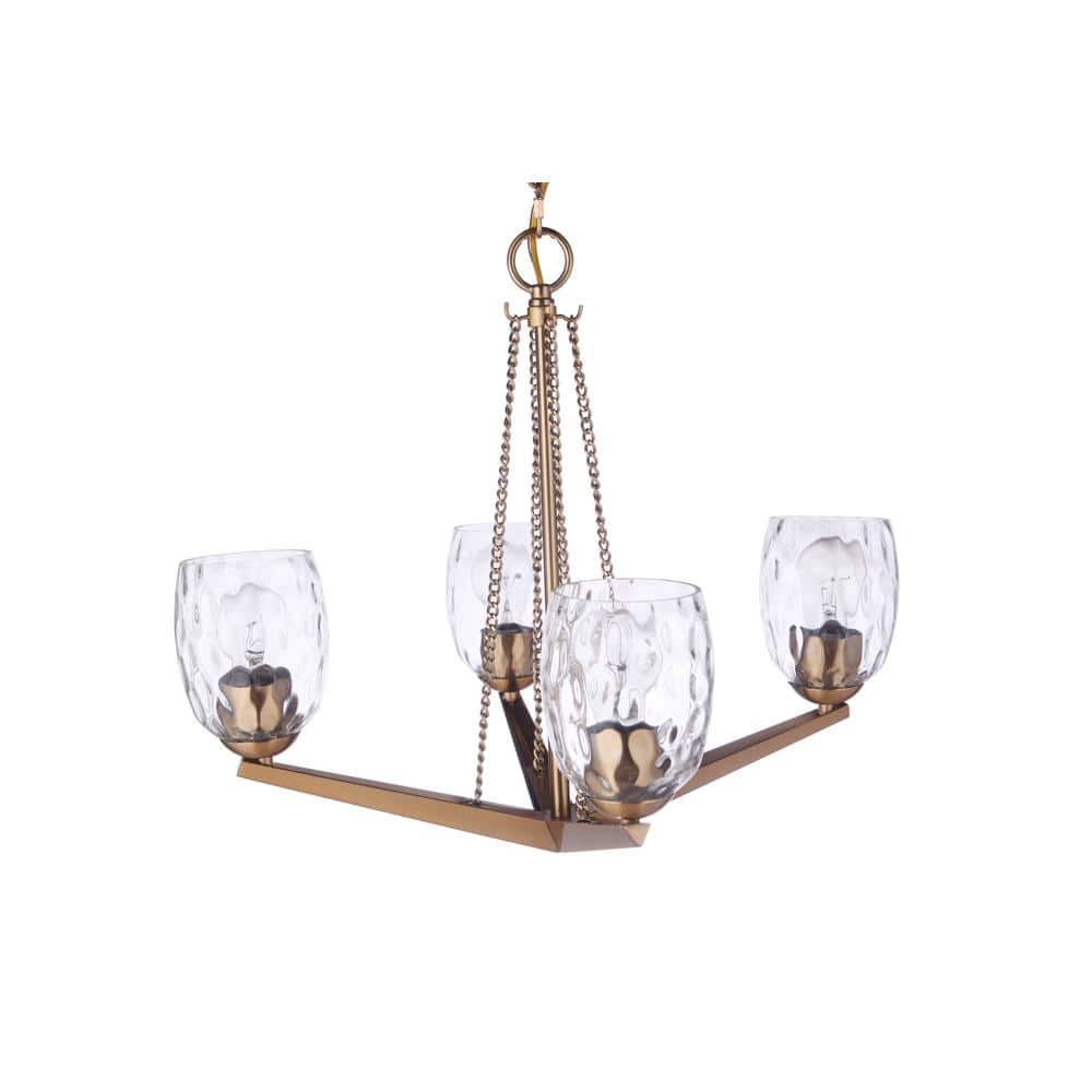 Satin Brass and Crystal 4-Light Chandelier with Water Glass Shades