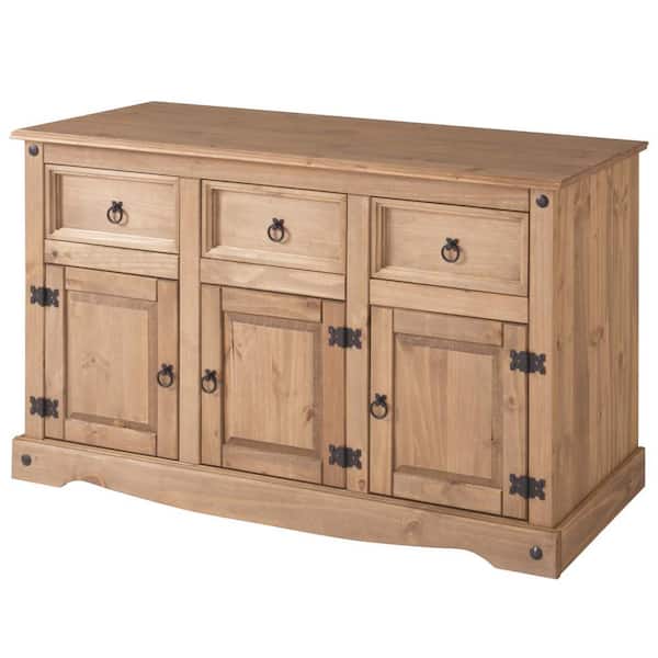 OS Home and Office Furniture Cottage Series Antique Brown Wood Pine 49.25 in. Buffet Sideboard with 3 drawers and 3 doors