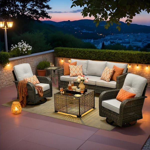 Arte 5-Pieces Wicker Outdoor Patio and Swivel Rocking Chairs with Gray Cushions