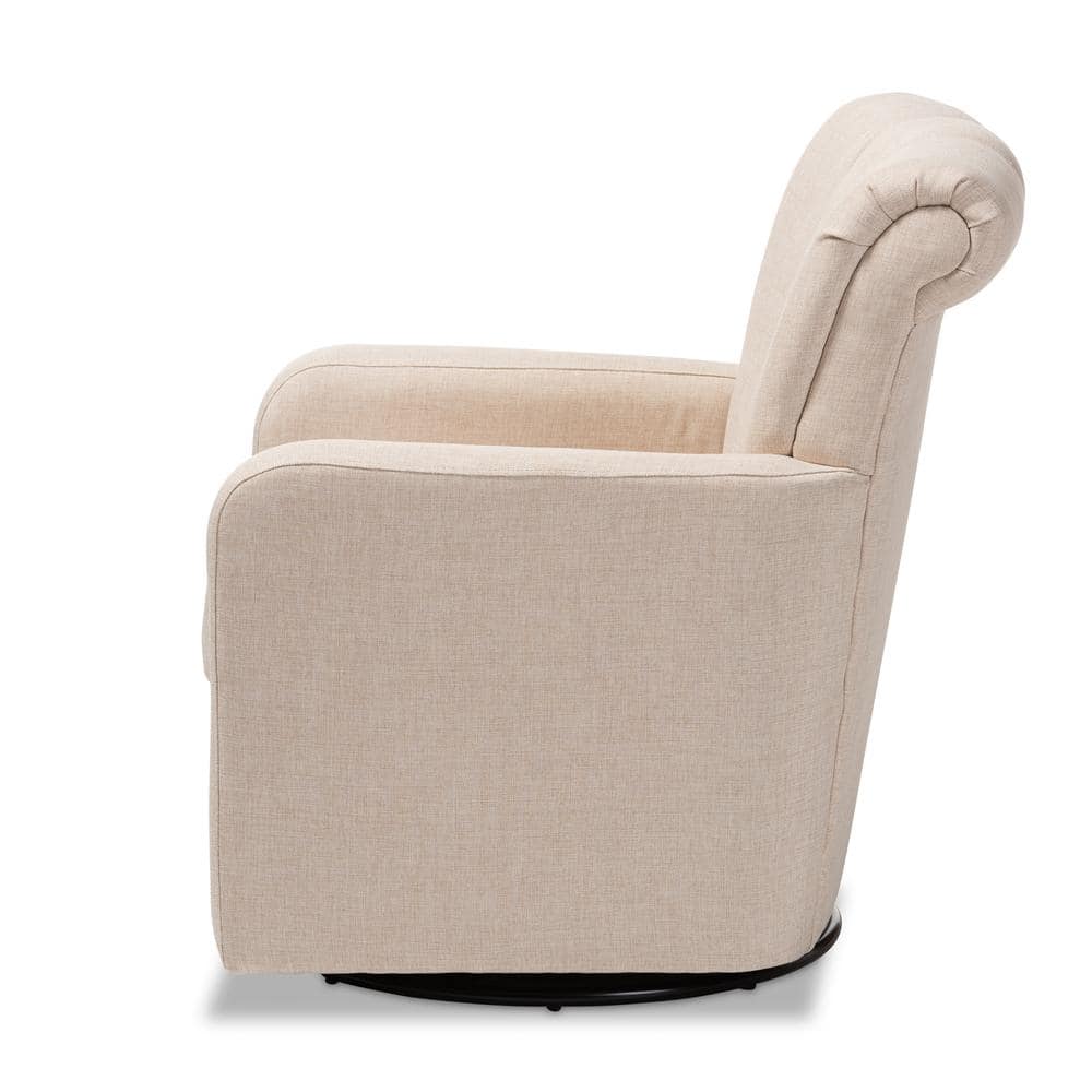 Beige Channel-Tufted Leather Swivel Accent Chair with Manufactured Wood