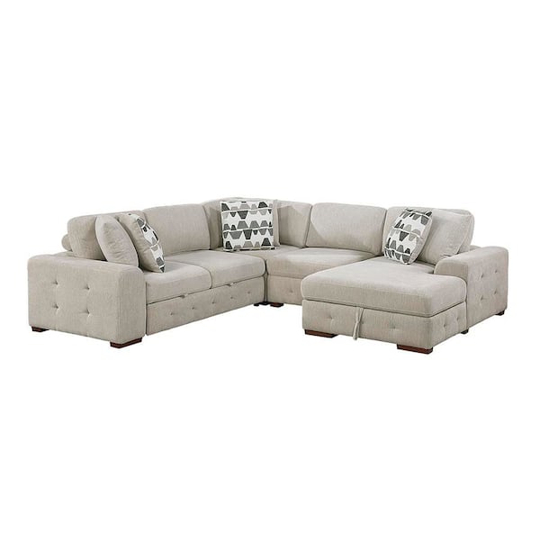 Laconia 113.5 in. Straight Arm Chenille 4-Piece Sectional Sofa with Right Chaise and Pull-out Bed in Taupe