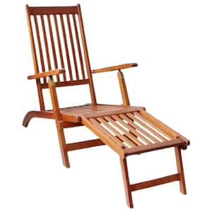 1-Piece Wood Outdoor Recliner Deck Chair with Footrest in Solid Acacia Wood