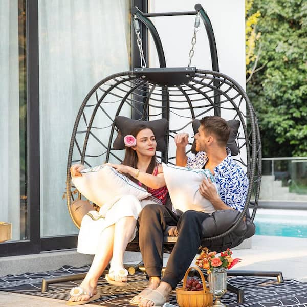 Large 2-Person 700 lbs. Gray Wicker Double Patio Swing Egg Chair with Black Stand and Gray Cushions