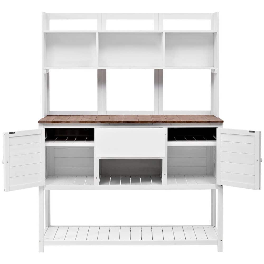 White Solid Wood Potting Bench Garden Workstation with Hutch, Drawer and Ad