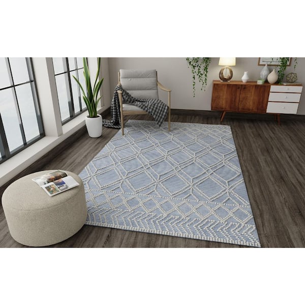 Renewed 9 ft. x 13 ft. Light Blue Geometric Upcycled Handwoven Area Rug