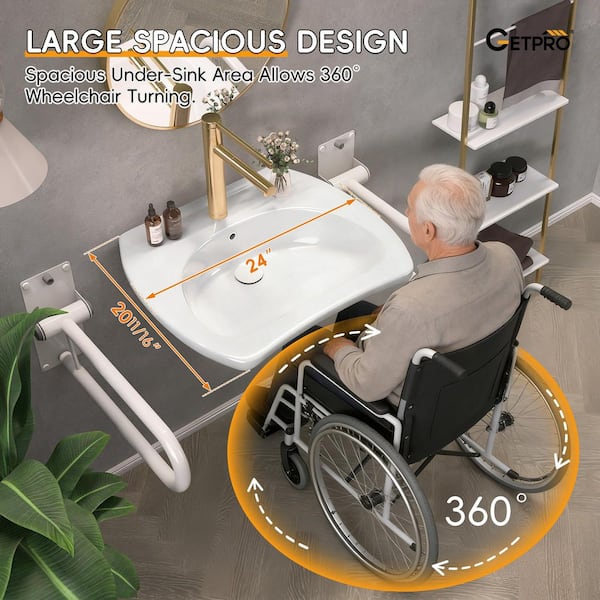 24 in Wall-Mounted Rectangular Bathroom Sink in Glossy White ADA Compliant Barrier-Free Lavatory Vessel Ceramic Sink