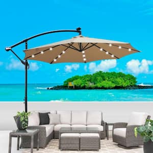 10 ft. Tan Outdoor Patio Umbrella Solar Powered LED Lighted Sun Shade Market Waterproof 8-Ribs Umbrella