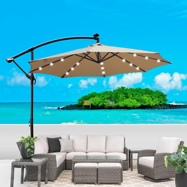 Unbranded 10 ft. Tan Outdoor Patio Umbrella Solar Powered LED Lighted Sun Shade Market Waterproof 8-Ribs Umbrella