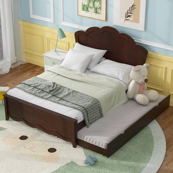 Harper & Bright Designs Cappuccino Brown Wood Frame Full Size Platform Bed with Headboard and Twin-Size Trundle