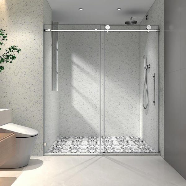 Boosicavelly 60.00 in. W x 76.00 in. H Single Sliding Frameless Shower Door in Chrome Finish with Tempered Glass